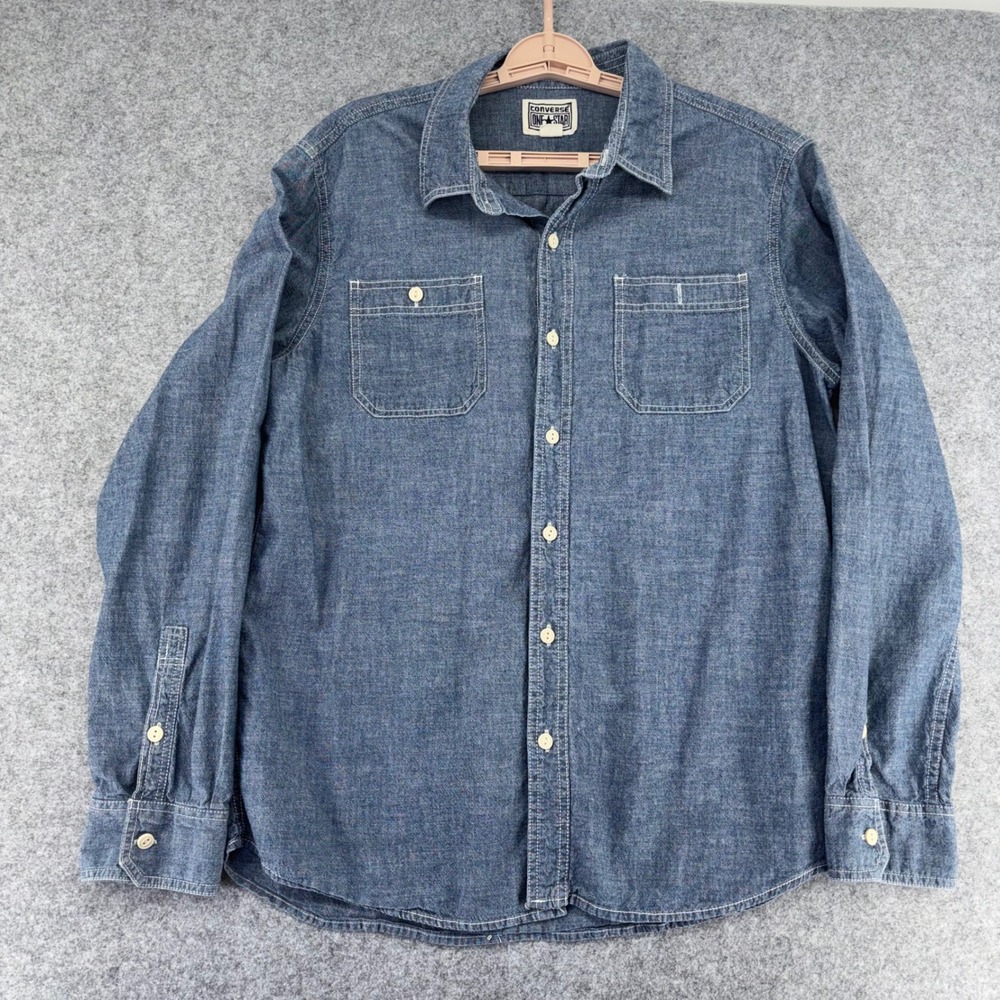 Converse One Star Mens Large Blue Chambray Cotton Button Down Work Shirt L